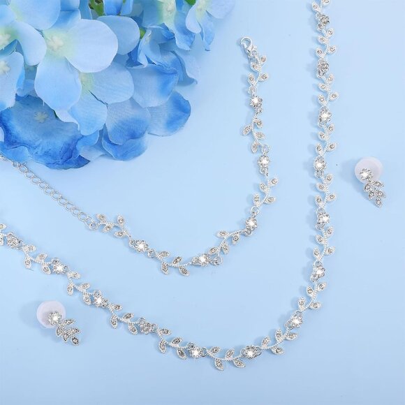 4 Pcs Crystal Rhinestone Wedding Set for Women Silver Wedding Necklace and Earri - Picture 4 of 9